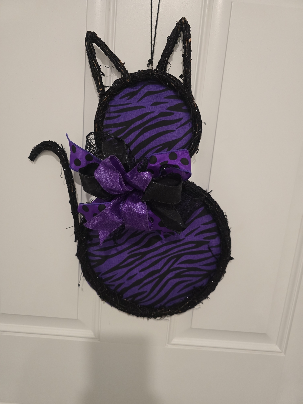 Purple Zebra Cat Door Hanger with Bow Halloween